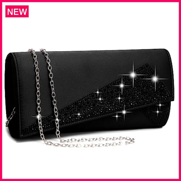Satin Rhinestone Clutch Evening Bag with Removable Chain Strap